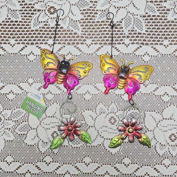 True Living Other - 2pc Set New Butterfly Rustic Metal Hanging Garden Patio Decor Yellow Pink Red